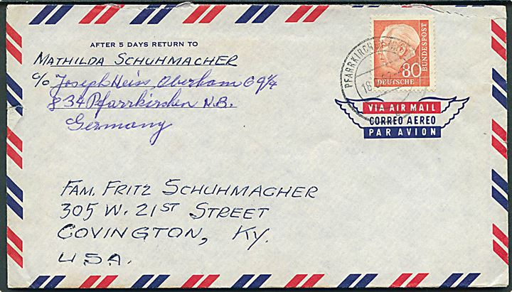 8010 pfg. Heuss single på luftpostbrev fra Pfarrkirschen d. 18.8.1962 til Covington, USA.