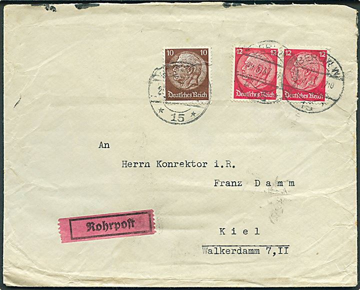 10 pfg. og 12 pfg. (2) Hindenburg på rørpostbrev med label Rohrpost fra Berlin 15 d. 29.5.1937 til Kiel.