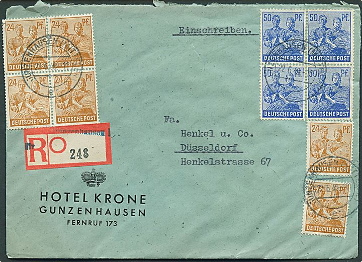 20 pfg. (24), 24 pfg. (6) og 50 pfg. (4) Kontrollrat II udg. på Zehnfach frankeret anbefalet brev fra Gunzenhausen d. 22.6.1948 til Düsseldorf.