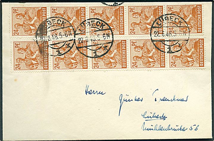 24 pfg. Kontrollrat II udg. (10) på Zehnfach frankeret lokalsbrev i Lübeck d. 22.6.1948.