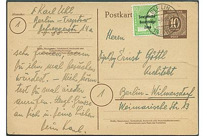 10 pfg. helsagsbrevkort opfrankeret med 10 pfg. SBZ provisorium sendt lokalt i Berlin d. 8.7.1948.