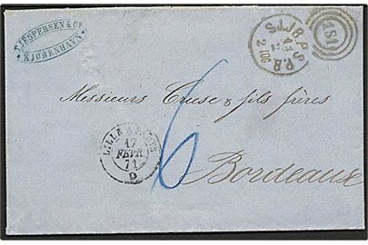 1871. Ufrankeret portobrev fra Kjøbenhavn med kombineret nr.stempel 181/ SJ.JB.P.S.P.B. d. 14.2.1871 via fransk bureau Lille a Paris til Bordeaux, Frankrig.