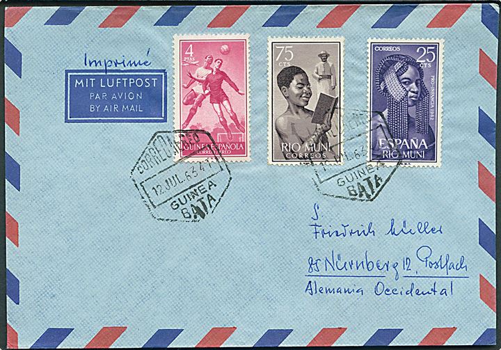 Spansk Guinea og Rio Muni udg. på blandingsfrankeret luftpost tryksag fra Bata d. 12.7.1963 til Nürnberg, Tyskland.