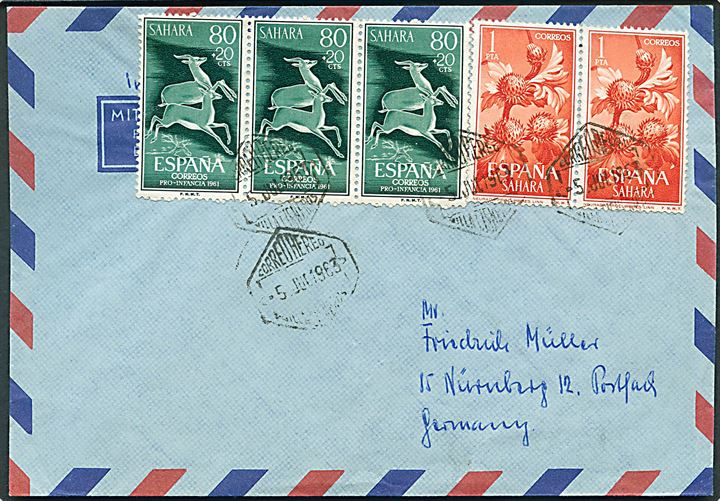 Spansk Sahara. 80+20 cts. velgørenhed (3) og 1 pta Blomst (2) på luftpostbrev fra Villa Cisneros  d. 5.7.1963 til Nürnberg, Tyskland.