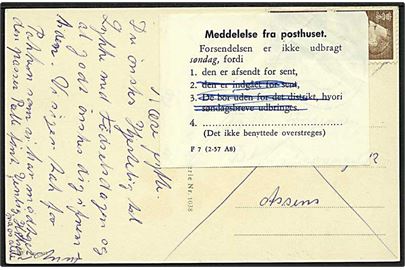 40 øre Fr. IX i parstykke på søndagsbrevkort fra Bogense d. 15.5.1966 til Assens. Indgået for sent til omdeling søndag jf. meddelelse fra posthuset F7 (2-57 A8).