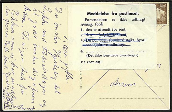 40 øre Fr. IX i parstykke på søndagsbrevkort fra Bogense d. 15.5.1966 til Assens. Indgået for sent til omdeling søndag jf. meddelelse fra posthuset F7 (2-57 A8).