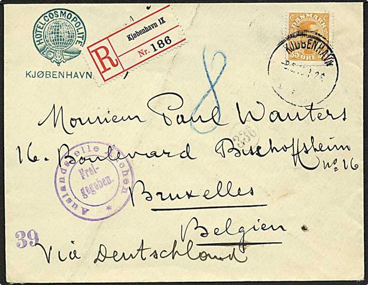 35 øre Chr. X single på anbefalet brev fra Kjøbenhavn d. 9.5.1916 til Bruxelles i tysk besat Belgien. Påskrevet: via Deutschland. Tysk cnsur fra Aachen. Bagklap mgl.