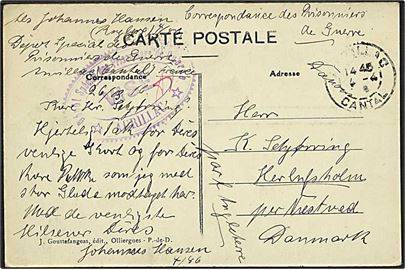 Ufrankeret krigsfange brevkort stemplet Aurillac d. 4.4.1916 til Næstved, Danmark. Fra sønderjysk krigsfange Johannes Hansen i særlejren Aurrilac. Ovalt lejrcensur-stempel.