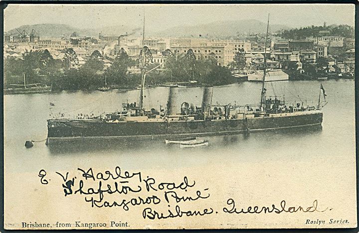 Orlogsskib set fra Kangaroo Point, Brisbane. Frankeret fra ½d og 1d Queensland fra Brisbane d. 12.1.1912 til Helsingør, Danmark.
