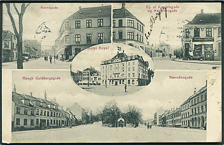Aarhus. Nørregade, Hj. af Knudrisgade og Nørrebrogade, HØegh Guldbergsgade, Hotel Royal. J. J. N. no. 3321. 