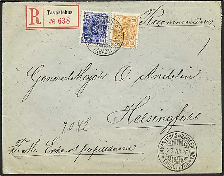 20 pen. og 25 pen. Våbentype på anbefalet brev annulleret med 3-sproget stempel fra Tavastehus d. 29.8.1896 til Helsingfors.