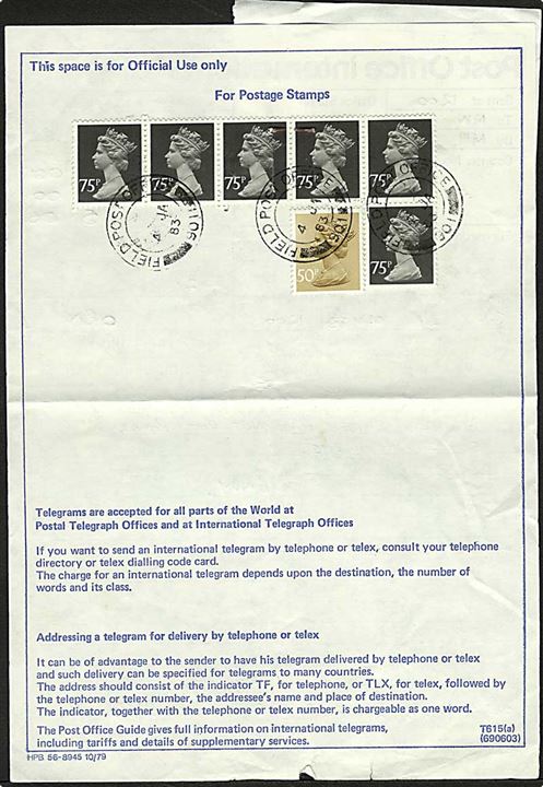 50d og 75d (6) Elizabeth på telegramformular stemplet Field Post Office 901 d. 4.1.1983. Fra britiske styrker i Berlin. 2 mærker med clips-huller.