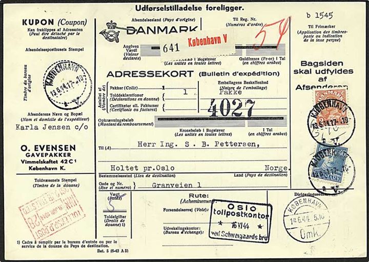 40 øre og 2 kr. Chr. X på internationalt adressekort for pakke fra Kjøbenhavn V. d. 13.6.1944 til Holtet pr. Oslo, Norge. 
