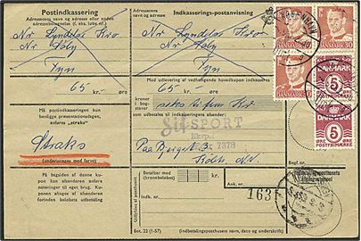 5 øre Bølgelinie (2) og 30 øre Fr. IX (3) på returneret Indkaserings-postanvisning fra København d. 4.5.1958 til Nr. Søby. Blanket mærket: Straks. Dvs. Postindkasseringen må kun henligge på præsentationsdagen.