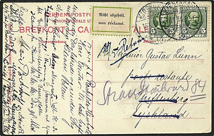 5 øre Fr. VIII (2) på brevkort (Roskilde Højskole) fra KJøbenhavn d. 18.4.1910 til Poste Restante i Tyskland. Returneret med etiket Nicht abgeholt..