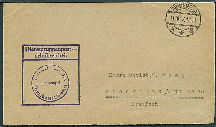 Ufrankeret Dienstgruppenpost fra Pinneberg d. 11.10.1947 til Frankfurt. Briefstempel fra D.A.Z. (BR.) 25A Fliegerhorst Uetersen.