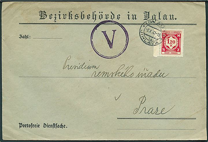 Böhmen-Mähren. 1,20 k. Tjenestemærke på tjenestebrev fra Iglau d. 2.10.1941 til Prare. Violet V stempel (Viktoria-kampagne).
