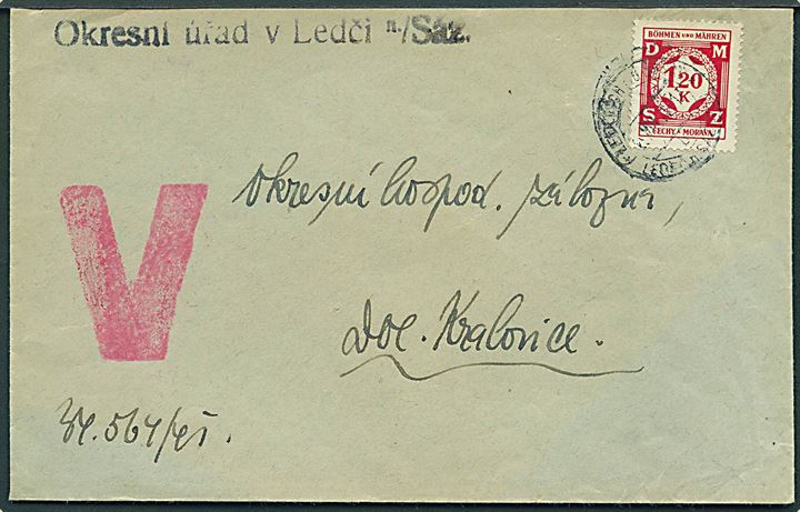 Böhmen-Mähren. 1,20 k. tjenestemærke på brev fra Ledci d. 29.8.1941 til Kralovice. Stort rødt V-stempel (Viktoria-kampagne).