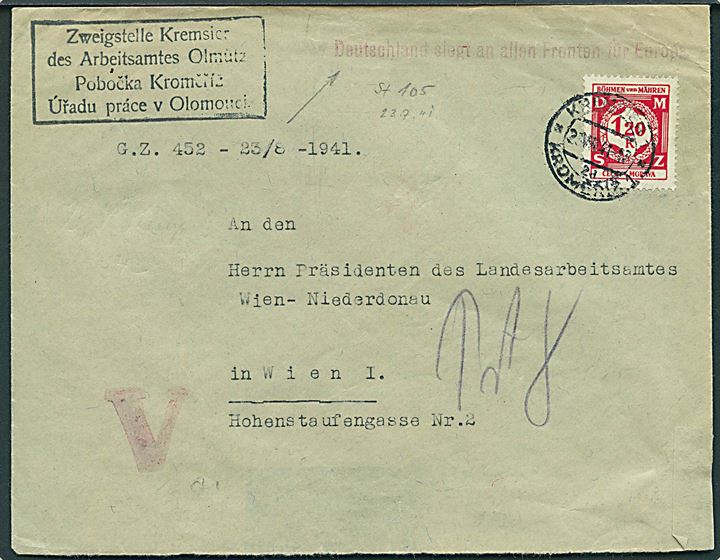Böhmen-Mähren. 1,20 k. Tjenestemærke på brev fra Kremsier d. 23.7.1941 til Wien. Rødt V og liniestempel Deutschland siegt an allen Fronten für Europa.