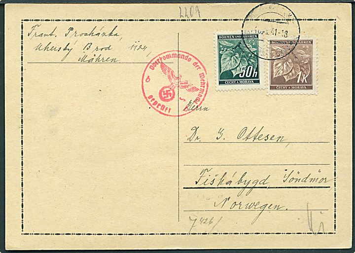 Böhmen-Mähren. 50 h. og 1 k. på brevkort fra Uherský Brod d. 18.12.1941 til Fiskabygd, Söndmör, Norge. Tysk censur fra Berlin.