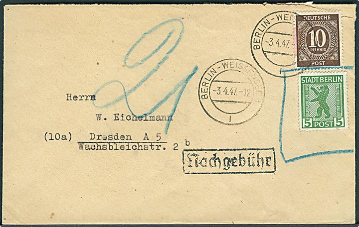 Stadt Berlin 5 pfg. markeret ugyldig og 10 pfg. Kontrollrat udg. på portobrev fra Berlin-Weissensee d. 3.4.1947 til Dresden.