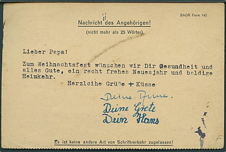 12 pfg. Ciffer på svarbrevkort annulleret med svagt stempel d. 4.12.1946 til 5. Civilian Internment Camp via Bonn. Allieret efterkrigscensur. 