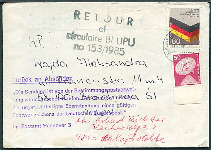 Postkrig. 50 pfg. og 80 pfg. 40 Jahre Eingliederung heimatvertriebener Deutscher på brev fra Schloss Holte d. 11.4.1985 til Polen. Brevet returneret fra Polen pga. politisk uenighed.  