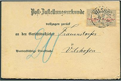 Post-Zustellungsurkunde udtakseret i 20 pfg. porto med 10 pfg. Portoprovisorium i parstykke stemplet Vilshofen d. 12.9.1884.