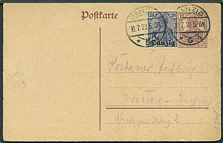 Tysk 15 pfg. Germania helsagsbrevkort opfrankeret med 20 pfg. Danzig provisorium sendt lokalt i Danzig d. 10.7.1920. Blandingsfrankatur gyldig i perioden 14.6.-19.7.1920. Overfrankeret med 5 pfg. Arkiv hul.