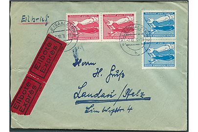 20 pfg. og 25 pfg. Volkskampf gegen Atomtod i parstykker på ekspresbrev fra Halle d. 2.10.1958 til Landau, Pfalz.