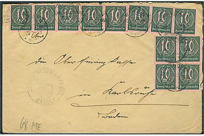10 mk. (12) Tjenestemærke på infla tjenestebrev fra Wangen d. 22.3.1923 til Karlsruhe.