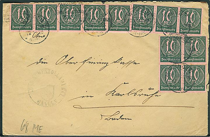 10 mk. (12) Tjenestemærke på infla tjenestebrev fra Wangen d. 22.3.1923 til Karlsruhe.