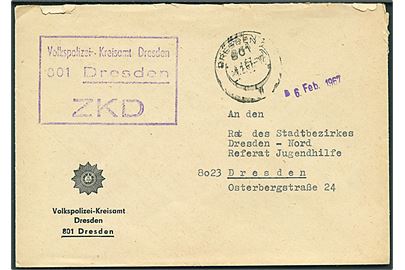 Zentraler Kurierdienst (ZKD). Ufrankeret tjenestebrev fra Volkspolizei sendt lokalt i Dresden d. 6.2.1967.