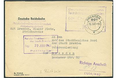Zentraler Kurierdienst (ZKD). Ufrankeret tjenestebrev Deutsche Reichsbahn sendt lokalt i Dresden d. 20.7.1967. Eftersendt med flere stempler.