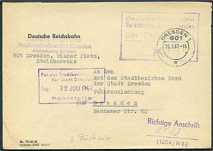 Zentraler Kurierdienst (ZKD). Ufrankeret tjenestebrev Deutsche Reichsbahn sendt lokalt i Dresden d. 20.7.1967. Eftersendt med flere stempler.