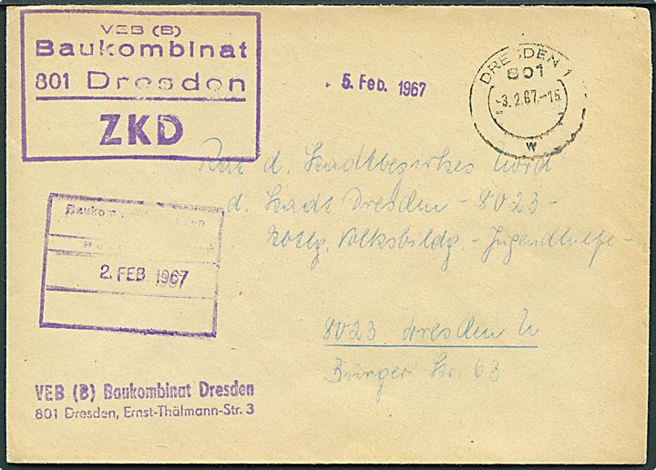 Zentraler Kurierdienst (ZKD). Ufrankeret tjenestebrev fra Baukombinat sendt lokalt i Dresden d. 3.2.1967.