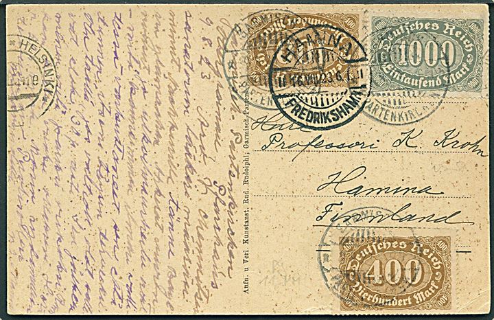 400 mk. (2) og 1000 mk. Ciffer infla udg. på brevkort fra Garmisch-Partenkirchen d. 9.8.1923 via Helsingfors til Frederikshamn, Finland.