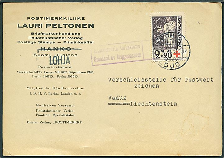 2 mk.+20 p. Røde Kors udg. på brevkort fra Lohja d. 18.6.1940 til Vaduz, Liechtenstein. Finsk censur. Interessant destination.