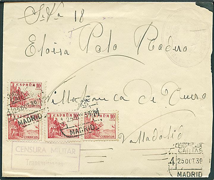 10 cts. Rytter (4) på frankeret anbefalet militærbrev fra Madrid d. 25.10.1939 til Villafrance de Duero, Valladolid. Interessant rammestempel: Censure Militaire - Transmisiones.