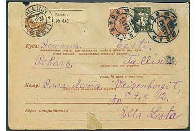 20 kop. helsagskuvert opfrankeret med 5 kop. og 15 kop. sendt anbefalet fra Saratov d. 27.8.1933 til Tallinn, Estland. 