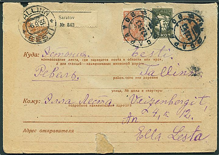 20 kop. helsagskuvert opfrankeret med 5 kop. og 15 kop. sendt anbefalet fra Saratov d. 27.8.1933 til Tallinn, Estland. 