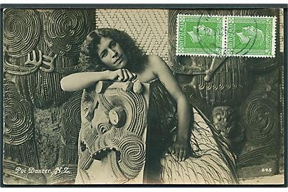 ½d George V i parstykke på billedside af brevkort (Poi Dancer) fra Wellington d. 12.10.1926 til København, Danmark.