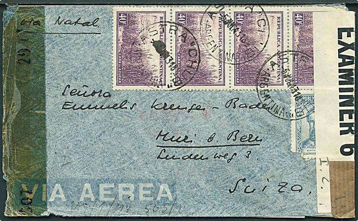 5 c. (defekt) og 40 c. (4) på luftpostbrev fra Astra Chub d. 5.7.1943 til Schweiz. Åbnet af amerikansk censur no. 2907, Britisk censur på Bermuda påskrevet I.C. og tysk censur i Paris x. 