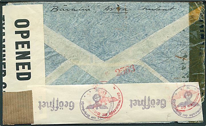 5 c. (defekt) og 40 c. (4) på luftpostbrev fra Astra Chub d. 5.7.1943 til Schweiz. Åbnet af amerikansk censur no. 2907, Britisk censur på Bermuda påskrevet I.C. og tysk censur i Paris x. 