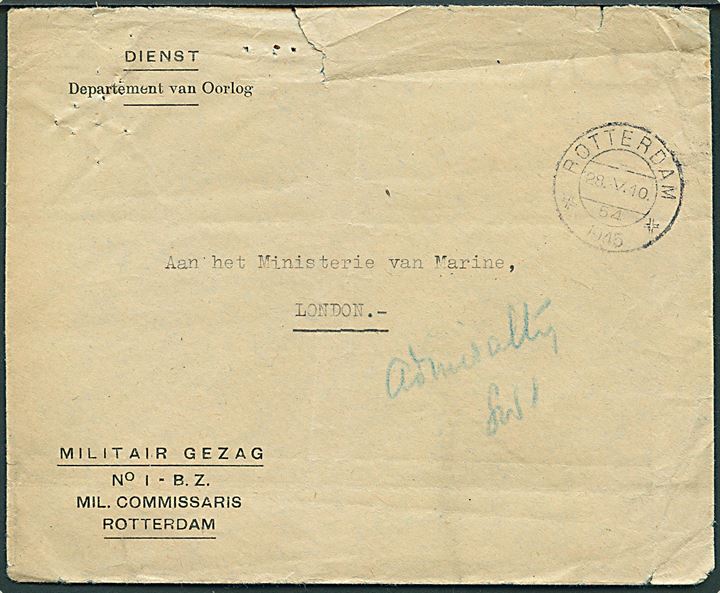 Ufrankeret fortrykt militært tjenestebrev fra Rotterdam d. 28.5.1940 til Admiralitetet i London, England. 