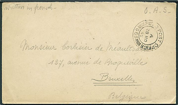 Ufrankeret feltpostbrev med britisk feltpoststempel Field Post Office 665 (= Belgian Army Postal Service) d. 28.11.1945 til Bruxelles. Sendt fra soldat ved 1st Belgian Brigade Liberation, B.A.O.R. 