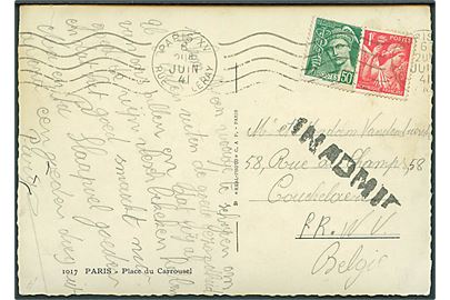 50 c. og 1 fr. på brevkort fra Paris d. 6.6.1941 til Belgien. Retur med sort stempel INADMIS.