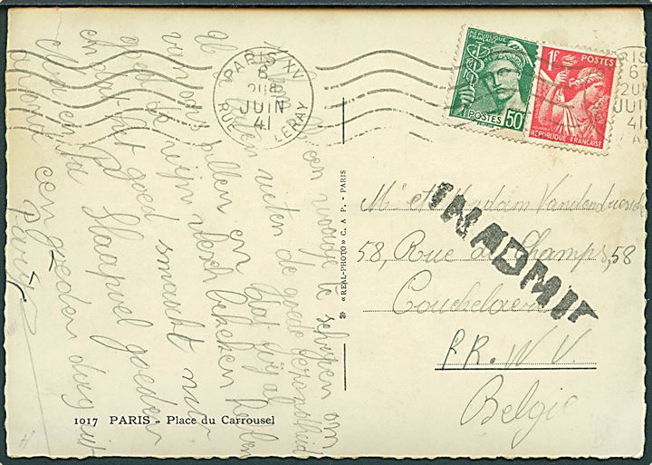 50 c. og 1 fr. på brevkort fra Paris d. 6.6.1941 til Belgien. Retur med sort stempel INADMIS.