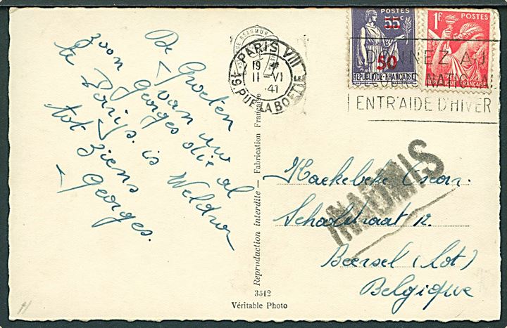 50/55 c. og 1 fr. på brevkort fra Paris d. 11.6.1941 til Belgien. Retur med sort stempel INADMIS.
