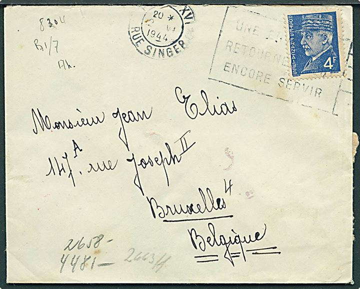 4 fr. på brev fra Paris d. 2.6.1944 til Bruxelles, Belgien. Åbnet af tysk censur .